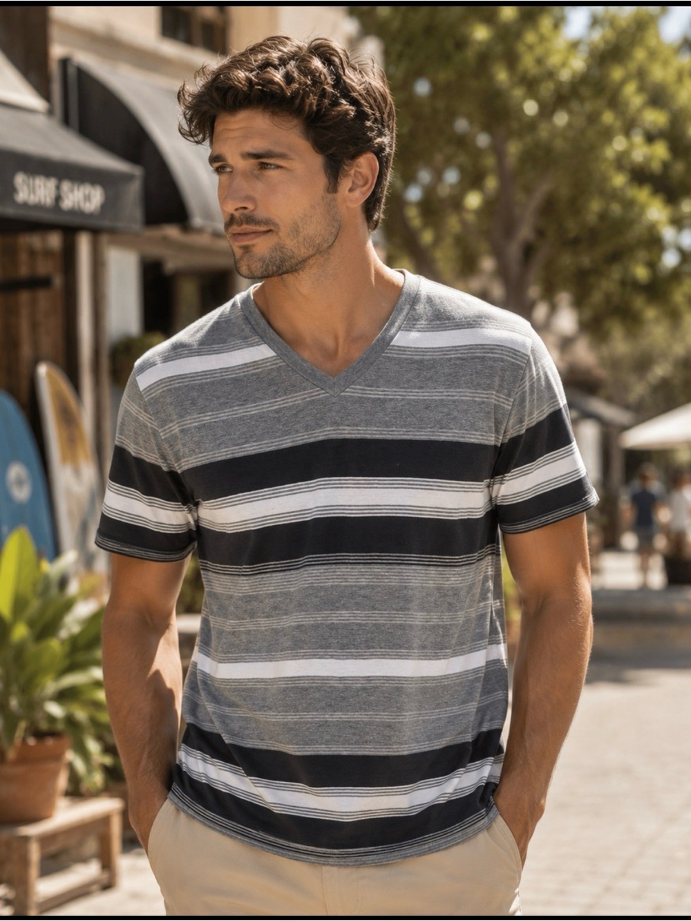 Arizona Jean Company Black, Gray & White Striped V-Neck Tee